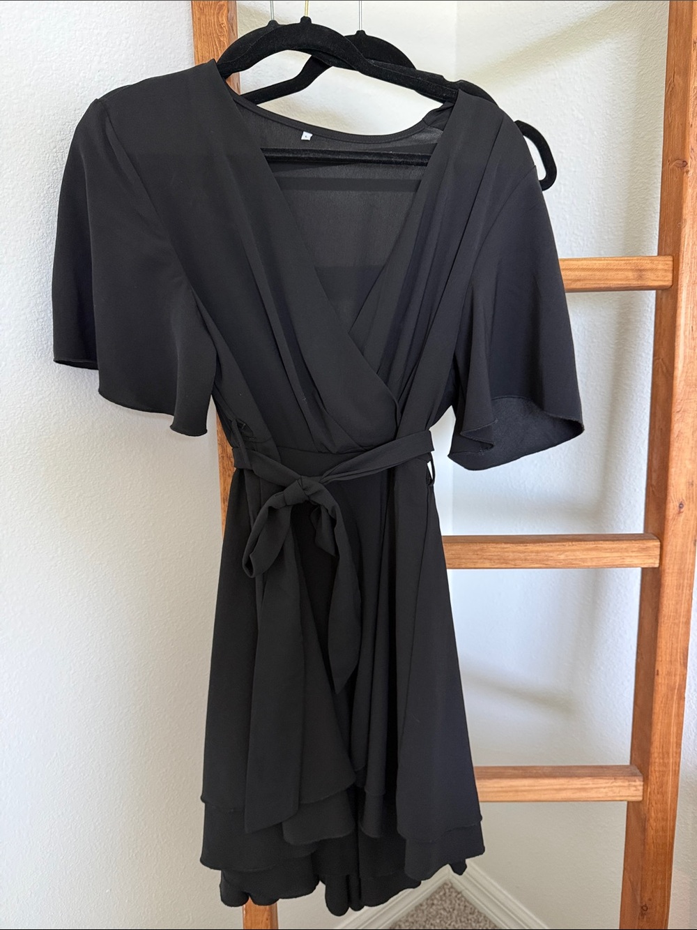 Black Wrap Mini Dress with Flutter Sleeves